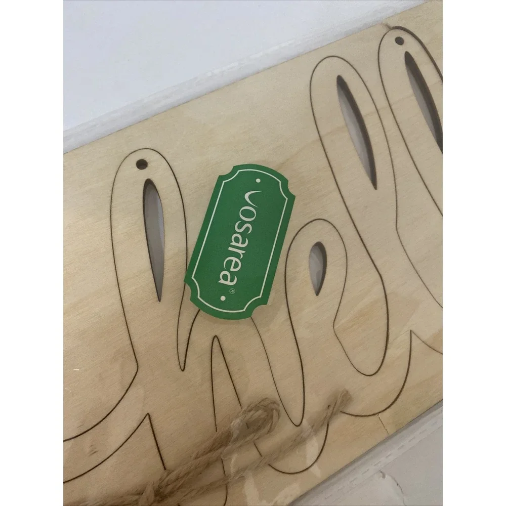 Vosarea Hello Wood Sign Wall Decoration Plaque Natural Unfinished 35x14cm